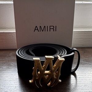 AMIRI Black Leather Belt with Gold Monogram Buckle
